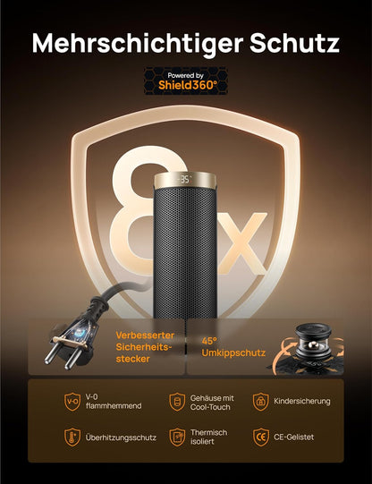 Dreo Heizlüfter Energiesparend, PTC Keramik Heizlüfte Leise, 70° Oszillierend Elektroheizung mit Fernbedienung, 12-Std-Timer, 3 Modus 3 Geschwindigkeit, Überhitzungs-Kippschutz, Solaris Slim H3