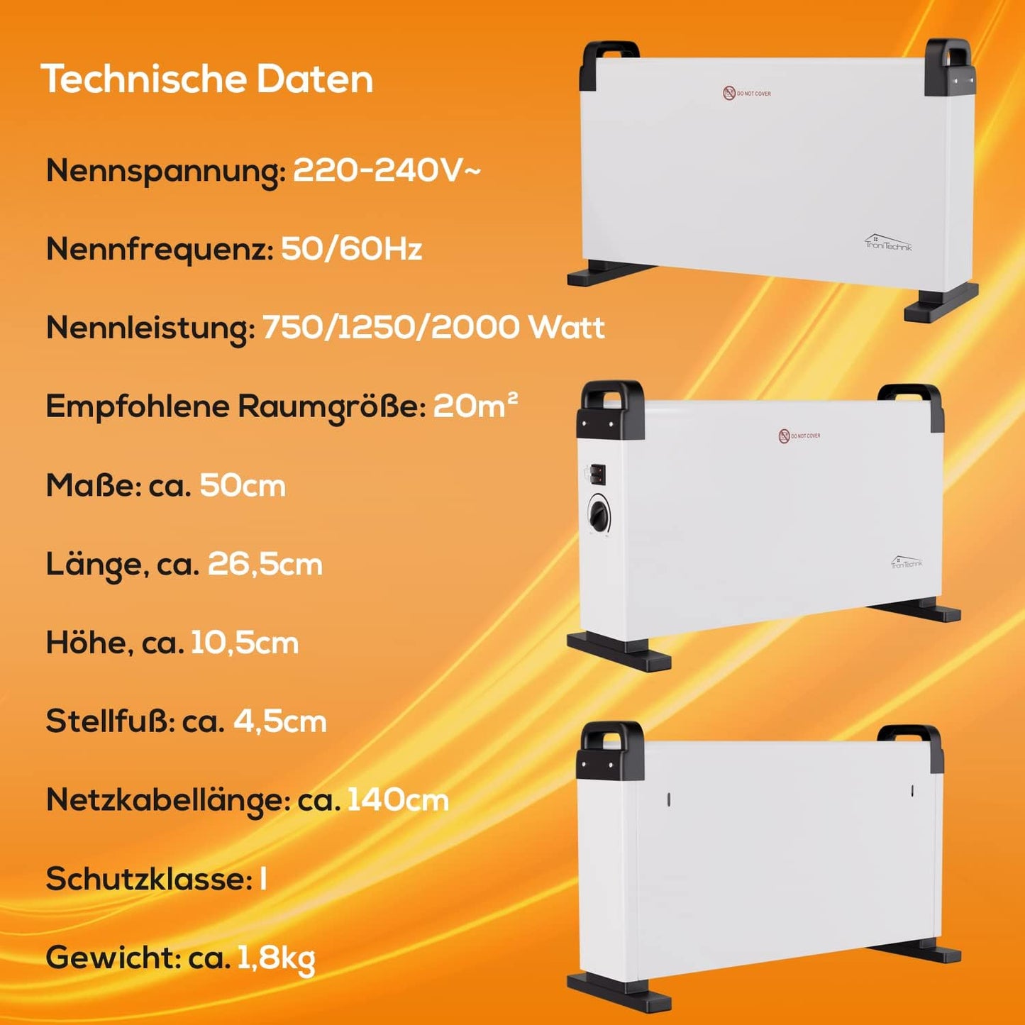 Tronitechnik® Elektroheizer Konvektor Heizgerät Heizkörper mit 3 Leistungsstufen 750/1250/2000 Watt, mobil mit Tragegriff, Timer und Thermostatsteuerung, Überhitzungsschutz, freistehend, weiß
