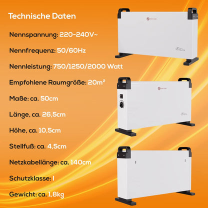 Tronitechnik® Elektroheizer Konvektor Heizgerät Heizkörper mit 3 Leistungsstufen 750/1250/2000 Watt, mobil mit Tragegriff, Timer und Thermostatsteuerung, Überhitzungsschutz, freistehend, weiß