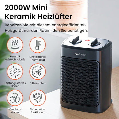 Pro Breeze 2000W Mini Heizlüfter Energiesparend Leise Elektroheizung 3 Heizstufen. Keramik Heizlüfter. Betrieb im Büro, Wohnzimmer, Schlafzimmer oder Terasse – Weiß