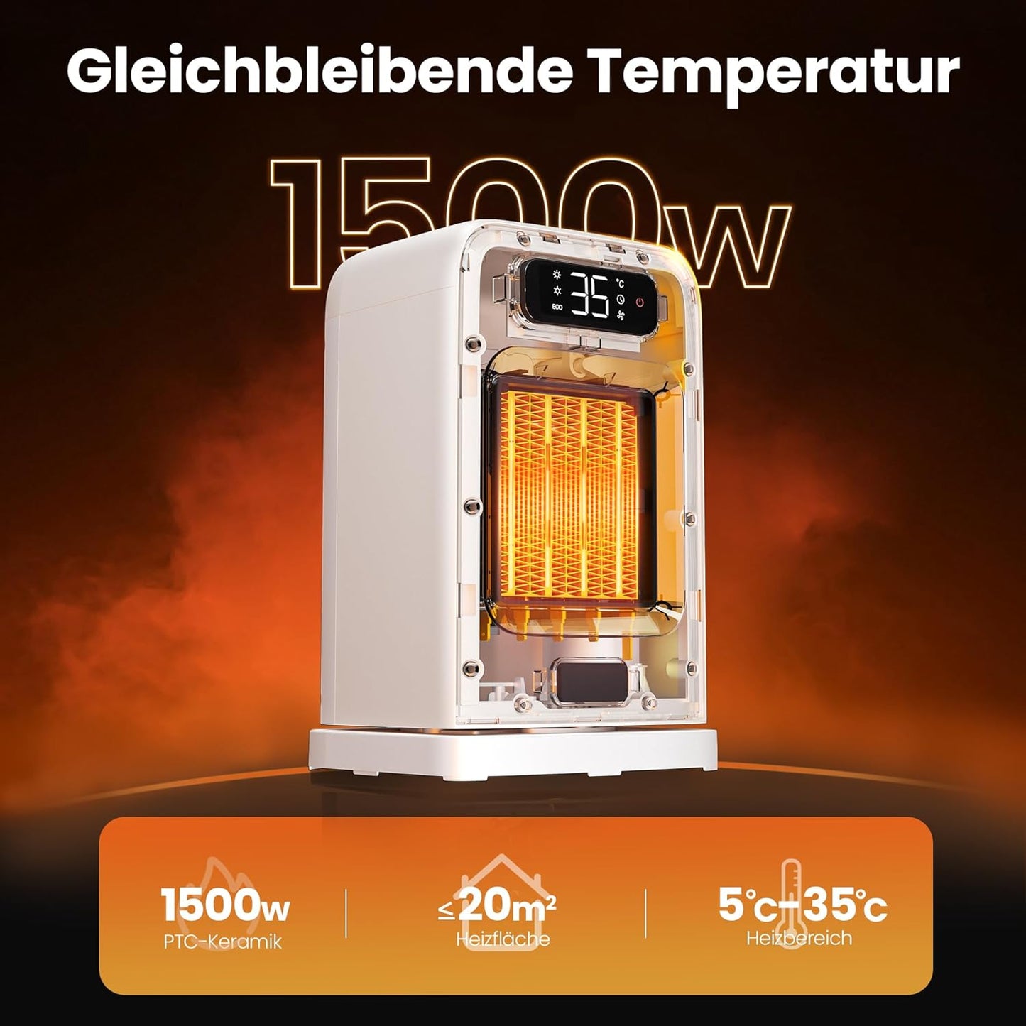 Heizlüfter Energiesparend, 1500W PTC Keramik Heizlüfter, Tragbarer Heizlüfter mit Thermostat & ECO-Modus, 2-in-1-Heizlüfter, Digitalanzeige, 12-Std.-Timer, 35dB leiser Elektroheizung- Schwarz