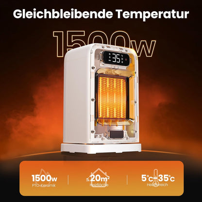 Heizlüfter Energiesparend, 1500W PTC Keramik Heizlüfter, Tragbarer Heizlüfter mit Thermostat & ECO-Modus, 2-in-1-Heizlüfter, Digitalanzeige, 12-Std.-Timer, 35dB leiser Elektroheizung- Schwarz