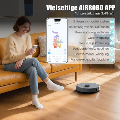 AIRROBO T30+ Saugroboter mit Wischfunktion, Staubsauger Roboter mit Absaugstation, 6000Pa Saugkraft Roboterstaubsauger, 3,5L Staubbeutel, Wischroboter LiDAR Navigation, 240Min Laufzeit, App Steuerung