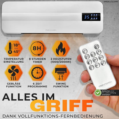ProfiCare® Wand Heizlüfter mit Fenster-Offen-Erkennung | Heizkörper für bis zu 60qm | Elektroheizung für Wandmontage inkl. Montagematerial | Heizung mit 1,5m Kabel, Fernbedienung & Timer | PC HL 3116