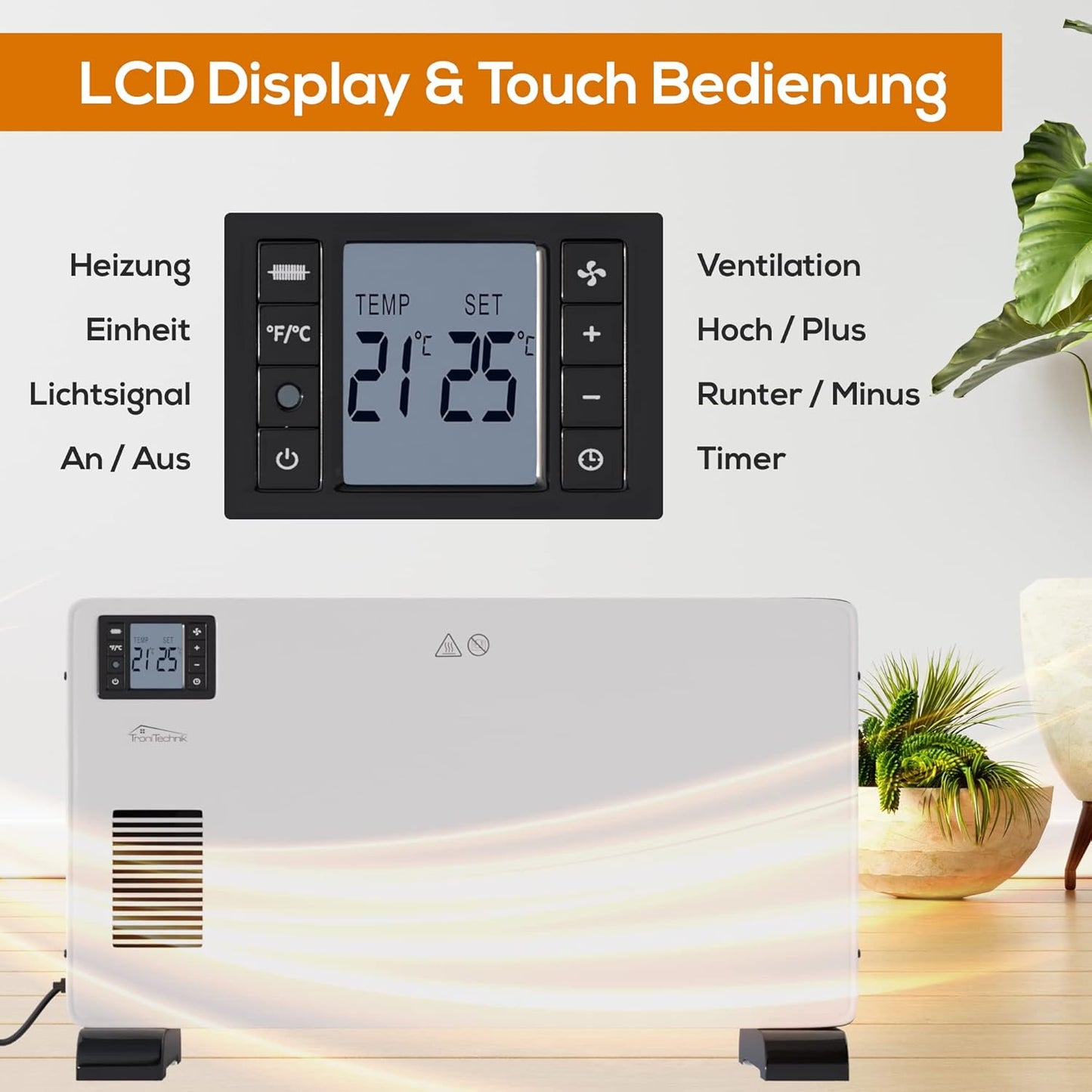 Tronitechnik® Elektroheizer Konvektor Heizgerät Heizkörper mit 3 Leistungsstufen 750/1250/2000 Watt, mobil mit Tragegriff, Timer und Thermostatsteuerung, Überhitzungsschutz, freistehend, weiß