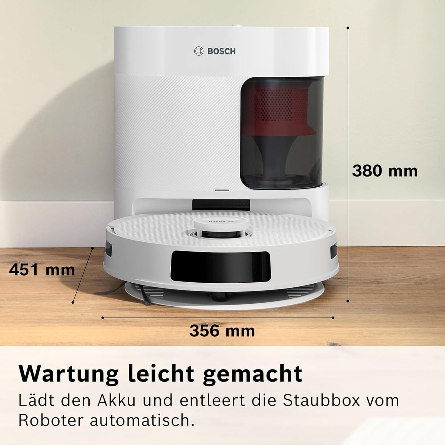 Bosch Spotless + BCRD1W Saugroboter mit Wischfunktion, 11.000 Pa Saugkraft, Wischpad, Trocken-Servicestation, Smart Vision Navigation mit Infrarot-Licht, Steuerung per App, weiß