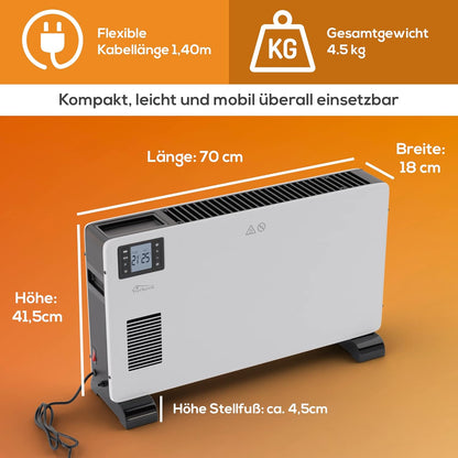 Tronitechnik® Elektroheizer Konvektor Heizgerät Heizkörper mit 3 Leistungsstufen 750/1250/2000 Watt, mobil mit Tragegriff, Timer und Thermostatsteuerung, Überhitzungsschutz, freistehend, weiß