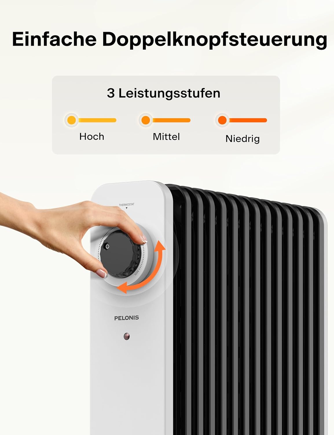 PELONIS Ölradiator 2300W mit J-förmigen Lamellen, Ölgefüllter Heizkörper mit 3 Heizstufen & Thermostat, Leiser Elektroheizer mit Kippschutz, Energieeffizient A für Schlafzimmer, Wohnzimmer, Büro
