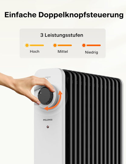 PELONIS Ölradiator 2300W mit J-förmigen Lamellen, Ölgefüllter Heizkörper mit 3 Heizstufen & Thermostat, Leiser Elektroheizer mit Kippschutz, Energieeffizient A für Schlafzimmer, Wohnzimmer, Büro