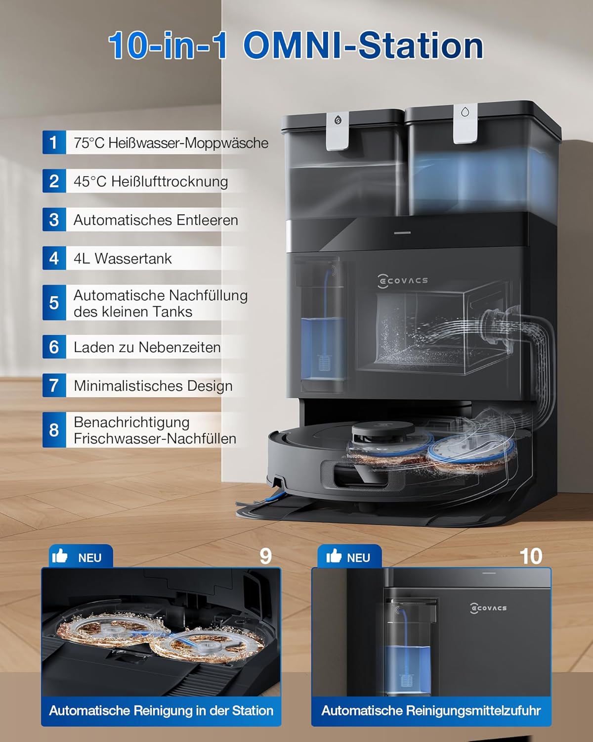 ECOVACS DEEBOT T30C Omni, Saugroboter mit Wischfunktion, 20.000 Pa, OZMO Turbo 2.0 Wischen, ZeroTangle 3.0 Anti-Verheddern, TruEdge 2.0 Kantenreinigung, All-in-One-Station, 75°C Moppwäsche, Schwarz