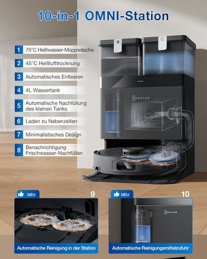 ECOVACS DEEBOT T30C Omni, Saugroboter mit Wischfunktion, 20.000 Pa, OZMO Turbo 2.0 Wischen, ZeroTangle 3.0 Anti-Verheddern, TruEdge 2.0 Kantenreinigung, All-in-One-Station, 75°C Moppwäsche, Schwarz