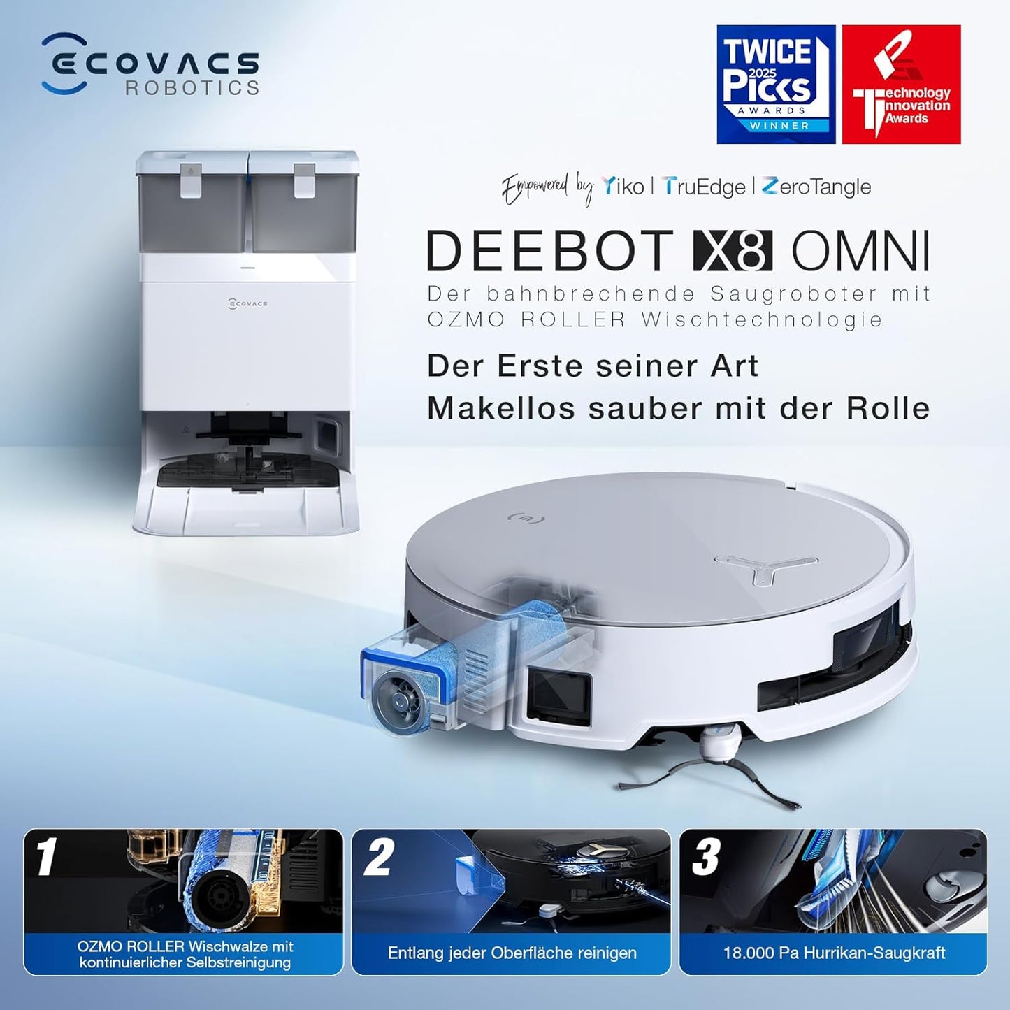 ECOVACS DEEBOT X8 PRO Omni Saugroboter mit Wischfunktion, OZMO Roller mit kontinuierliches Wischen & Selbstreinigung, 18.000 Pa, 12-in-1 Station, 40–75 °C Heißwasser-Moppreinigung, YIKO-GPT