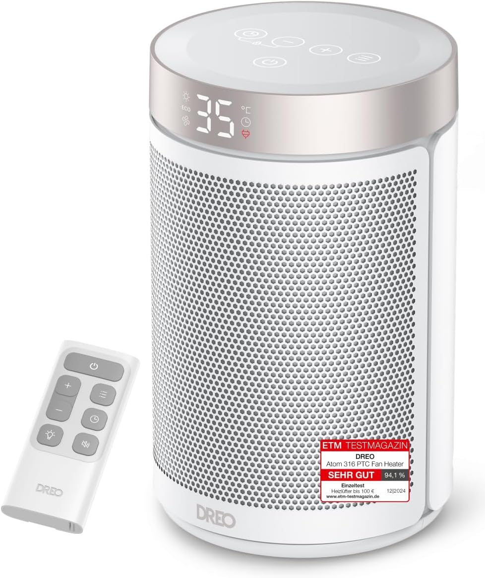 Dreo Energiesparender Heizlüfter, 34 dB Leiser 1500W Elektrischer PTC Keramik, Thermostat, Überhitzungs- & Kippschutz, 12 Std. Timer, Elektroheizung für Räume Schlafzimmer, Atom 316, Gold