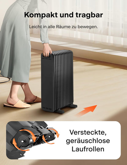 PELONIS Ölradiator 2300W mit J-förmigen Lamellen, Ölgefüllter Heizkörper mit 3 Heizstufen & Thermostat, Leiser Elektroheizer mit Kippschutz, Energieeffizient A für Schlafzimmer, Wohnzimmer, Büro