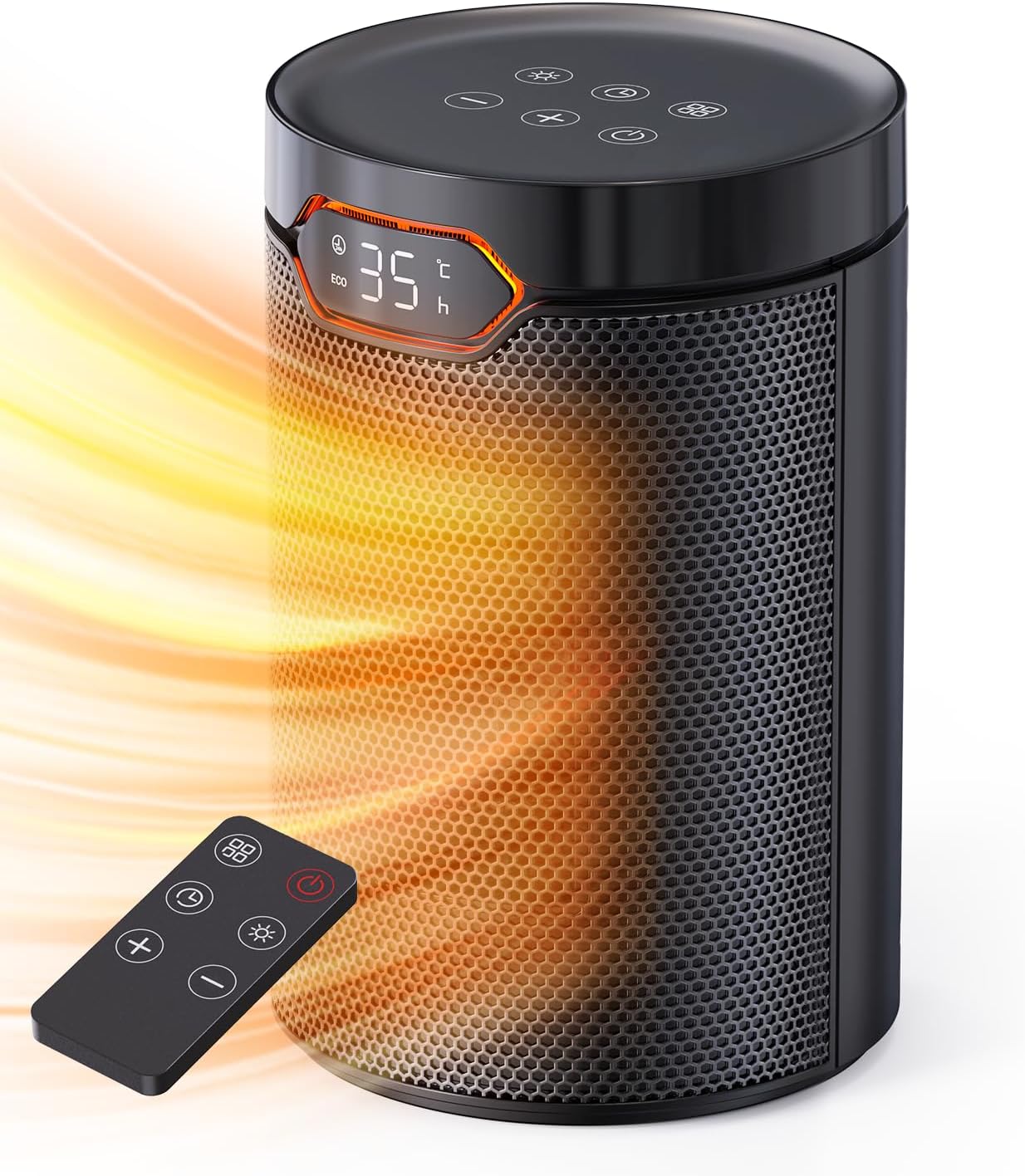 Heizlüfter, 1500W, PTC Heizlüfter Energiesparend mit ECO Modus, 4 Heizmodi, Breeze Modus, Thermostat, 24H Timer, Fernbedienung, Überhitzungs- & Kippschutz, Tragbar & Leise, für Zuhause, Büro