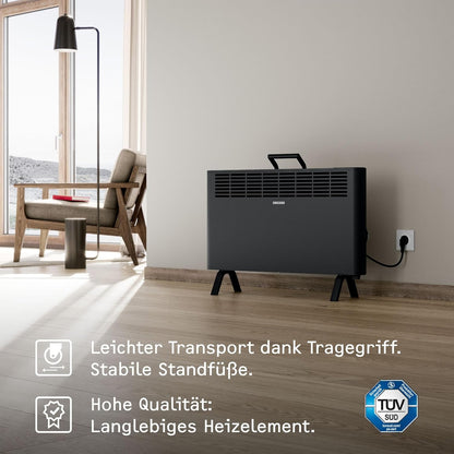 STIEBEL ELTRON Elektroheizung Standgerät für ca. 25 m², TÜV geprüft, Konvektor-Heizung mit einfacher Regelung, 2 kW, energiesparend, Rollen, 204450