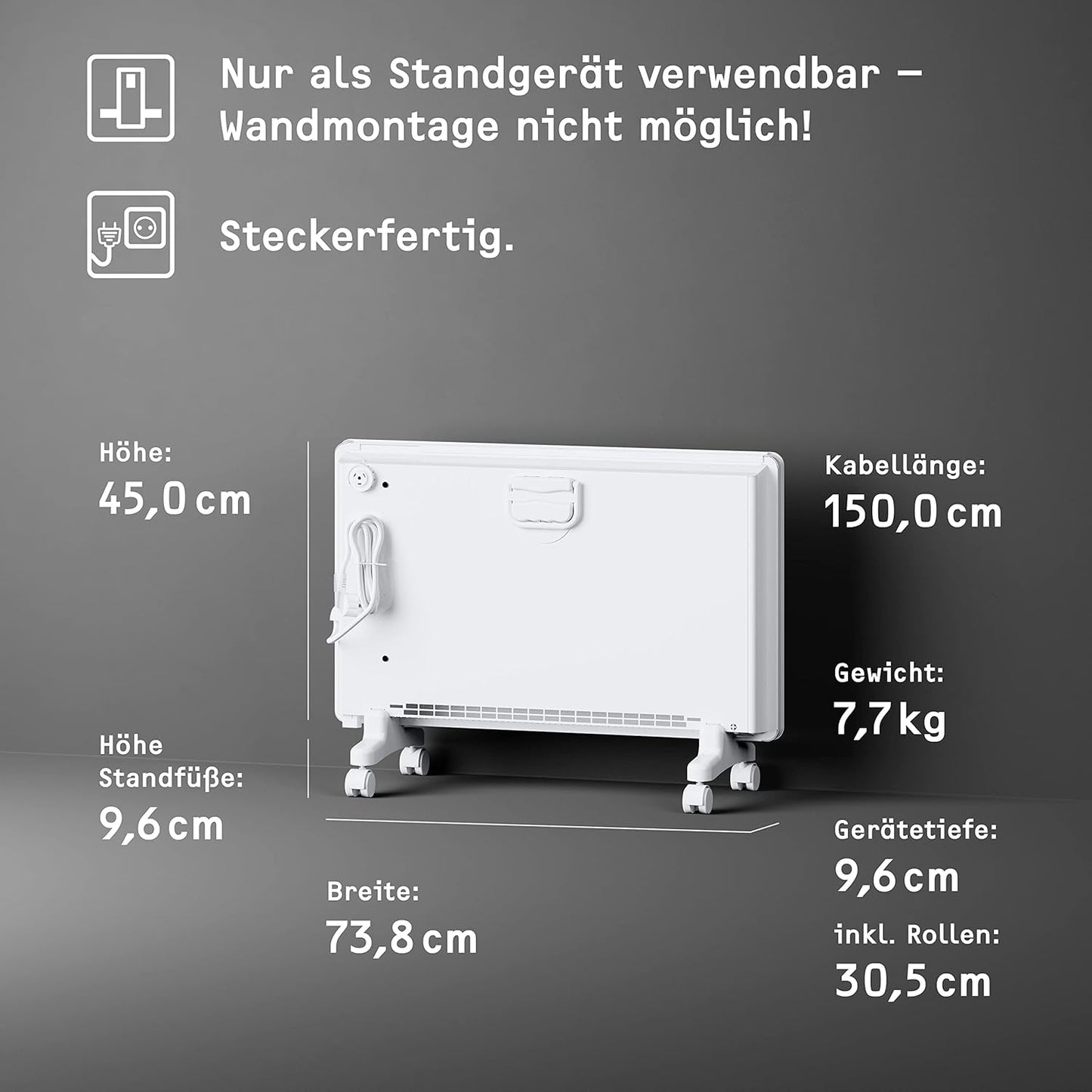 STIEBEL ELTRON Elektroheizung Standgerät für ca. 25 m², TÜV geprüft, Konvektor-Heizung mit einfacher Regelung, 2 kW, energiesparend, Rollen, 204450