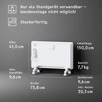 STIEBEL ELTRON Elektroheizung Standgerät für ca. 25 m², TÜV geprüft, Konvektor-Heizung mit einfacher Regelung, 2 kW, energiesparend, Rollen, 204450
