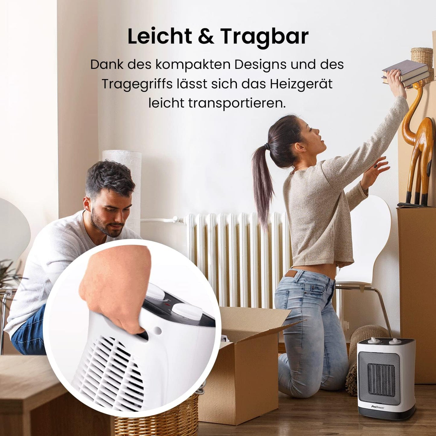 Pro Breeze 2000W Mini Keramik Heizlüfter energiesparend mit automatischer Oszillation, Zwei Leistungsstufen, Kleine Elektroheizung leise für Wohnzimmer, Büro, Terasse - Weiß