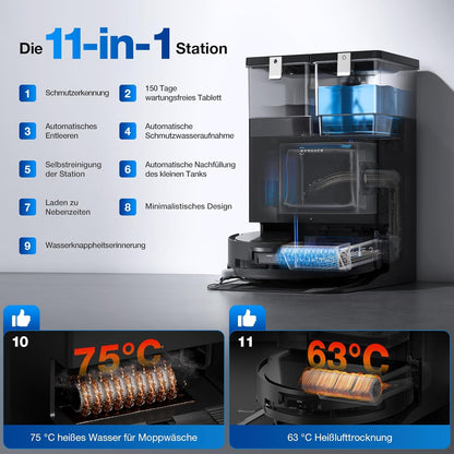 ECOVACS DEEBOT X8 PRO Omni Saugroboter mit Wischfunktion, OZMO Roller mit kontinuierliches Wischen & Selbstreinigung, 18.000 Pa, 12-in-1 Station, 40–75 °C Heißwasser-Moppreinigung, YIKO-GPT