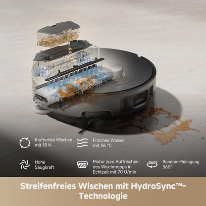 Mova V50 Ultra Complete Saugroboter mit Wischfunktion 24.000 Pa, 6cm Hindernisüberwindung, Liftable Navigation+RGB AI+LED, 80℃ Heißwasserwäsche & 63℃ Selbsttrocknung, DuoSolution System, Tricut Bürste