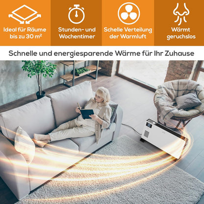 Tronitechnik® Elektroheizer Konvektor Heizgerät Heizkörper mit 3 Leistungsstufen 750/1250/2000 Watt, mobil mit Tragegriff, Timer und Thermostatsteuerung, Überhitzungsschutz, freistehend, weiß