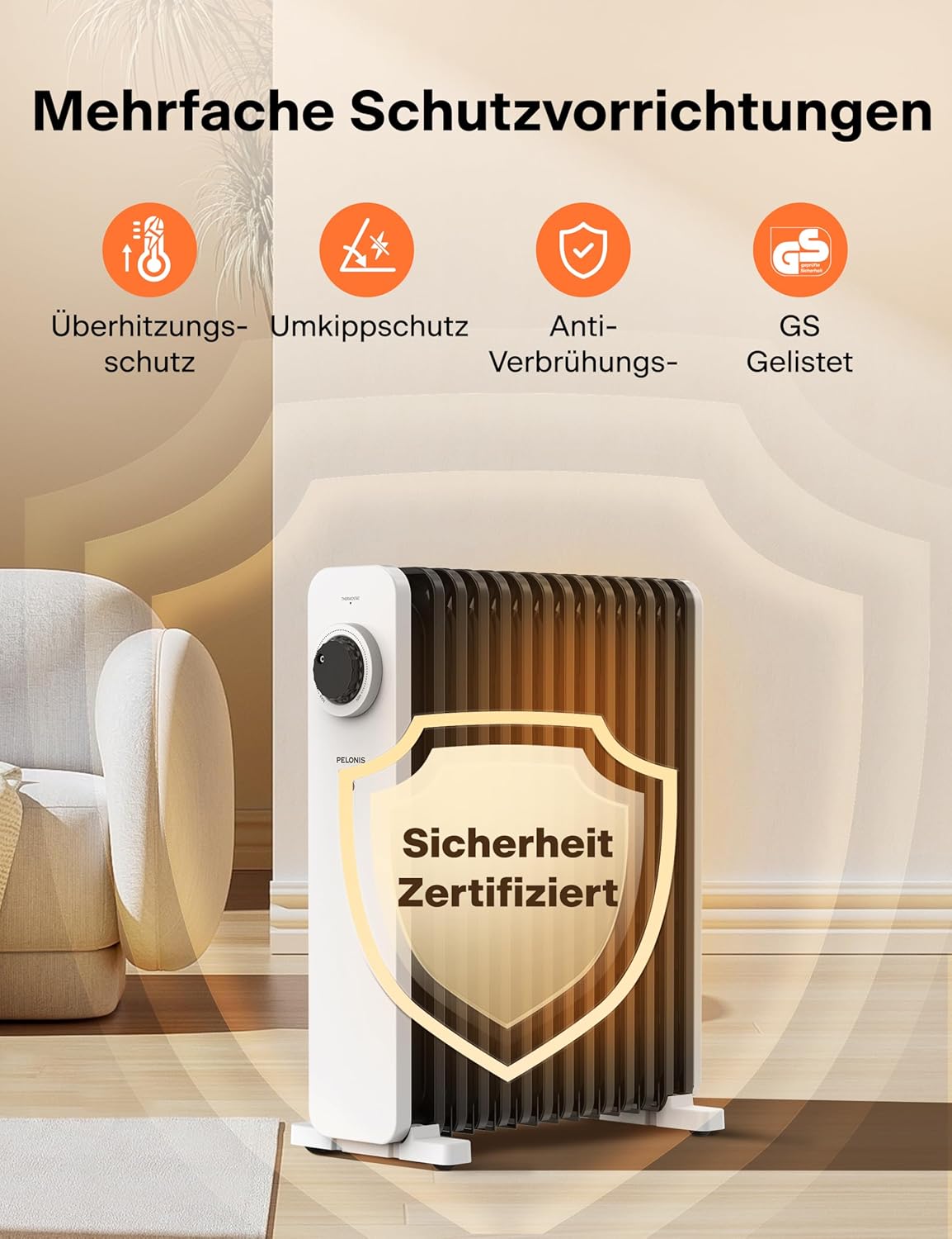 PELONIS Ölradiator 2300W mit J-förmigen Lamellen, Ölgefüllter Heizkörper mit 3 Heizstufen & Thermostat, Leiser Elektroheizer mit Kippschutz, Energieeffizient A für Schlafzimmer, Wohnzimmer, Büro