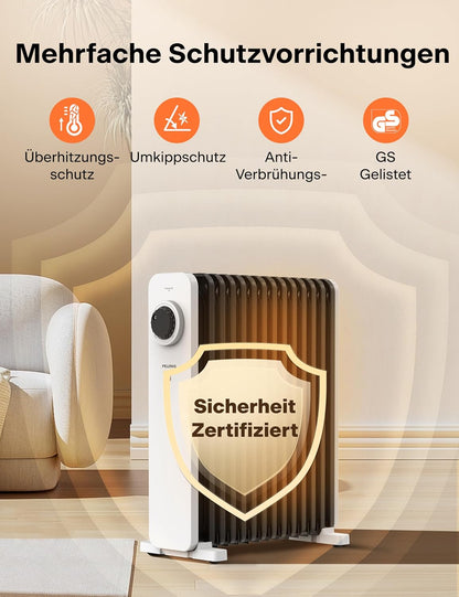 PELONIS Ölradiator 2300W mit J-förmigen Lamellen, Ölgefüllter Heizkörper mit 3 Heizstufen & Thermostat, Leiser Elektroheizer mit Kippschutz, Energieeffizient A für Schlafzimmer, Wohnzimmer, Büro