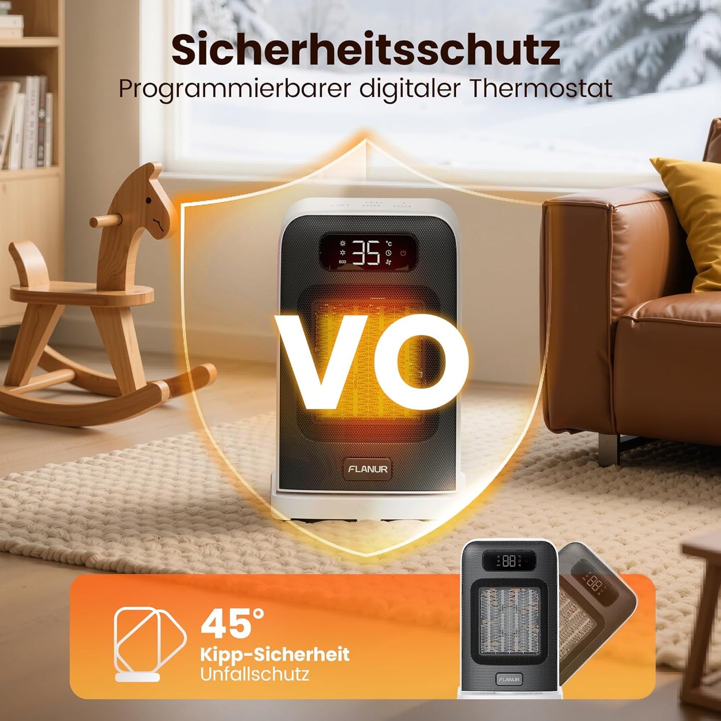 Heizlüfter Energiesparend, 1500W PTC Keramik Heizlüfter, Tragbarer Heizlüfter mit Thermostat & ECO-Modus, 2-in-1-Heizlüfter, Digitalanzeige, 12-Std.-Timer, 35dB leiser Elektroheizung- Schwarz