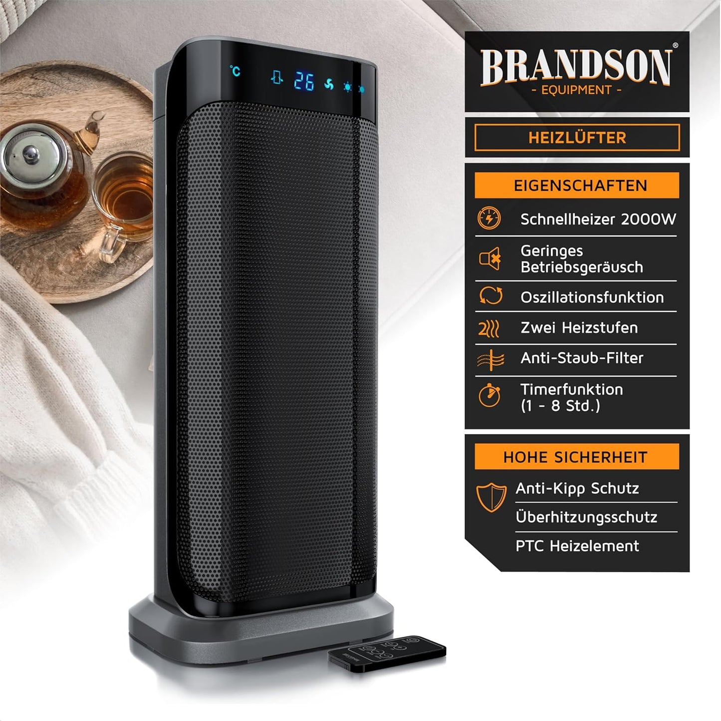 Brandson - Heizlüfter mit Fernbedienung - Preisträger - energiesparend leise Keramik-Heizlüfter Badezimmer - Oszillationsfunktion - Timer - Heizung Heater - GS zertifiziert