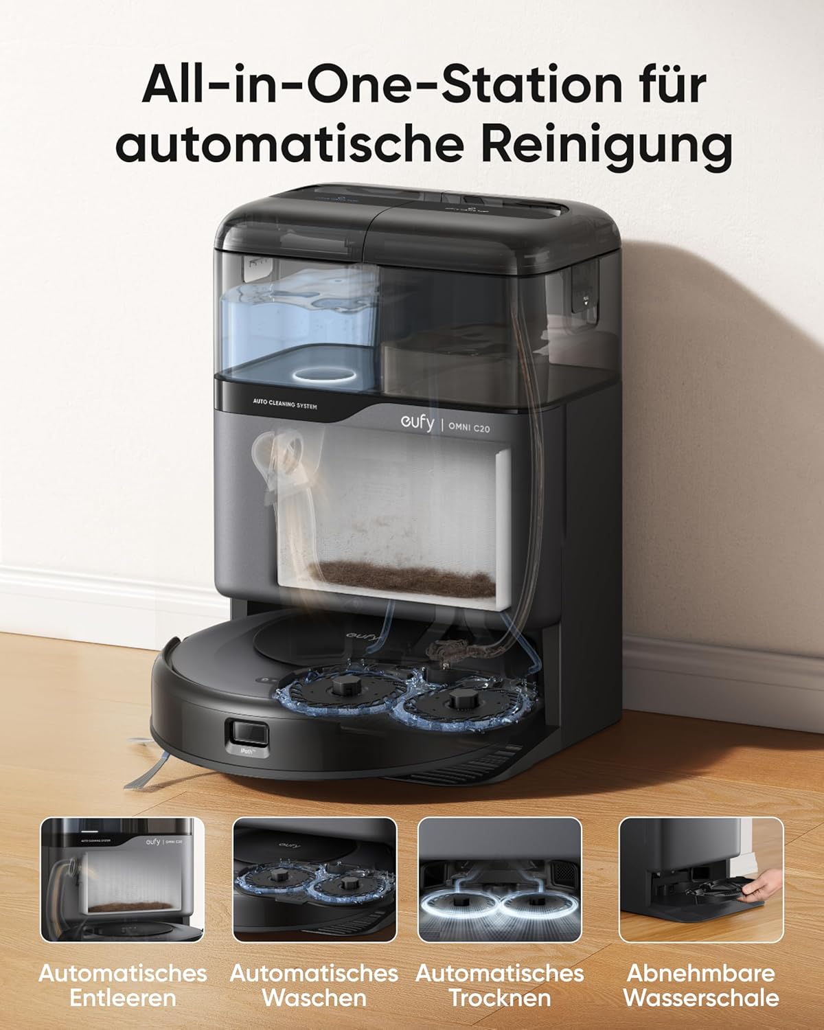 eufy Saugroboter Omni C20 mit All-in-One-Station,Auto-Entleerung, Auto-Wasch- und Trocknungsfunktion, 7.000Pa, 8,5cm Design, Staubsauger Roboter mit Wischfunktion,Kindersicherung