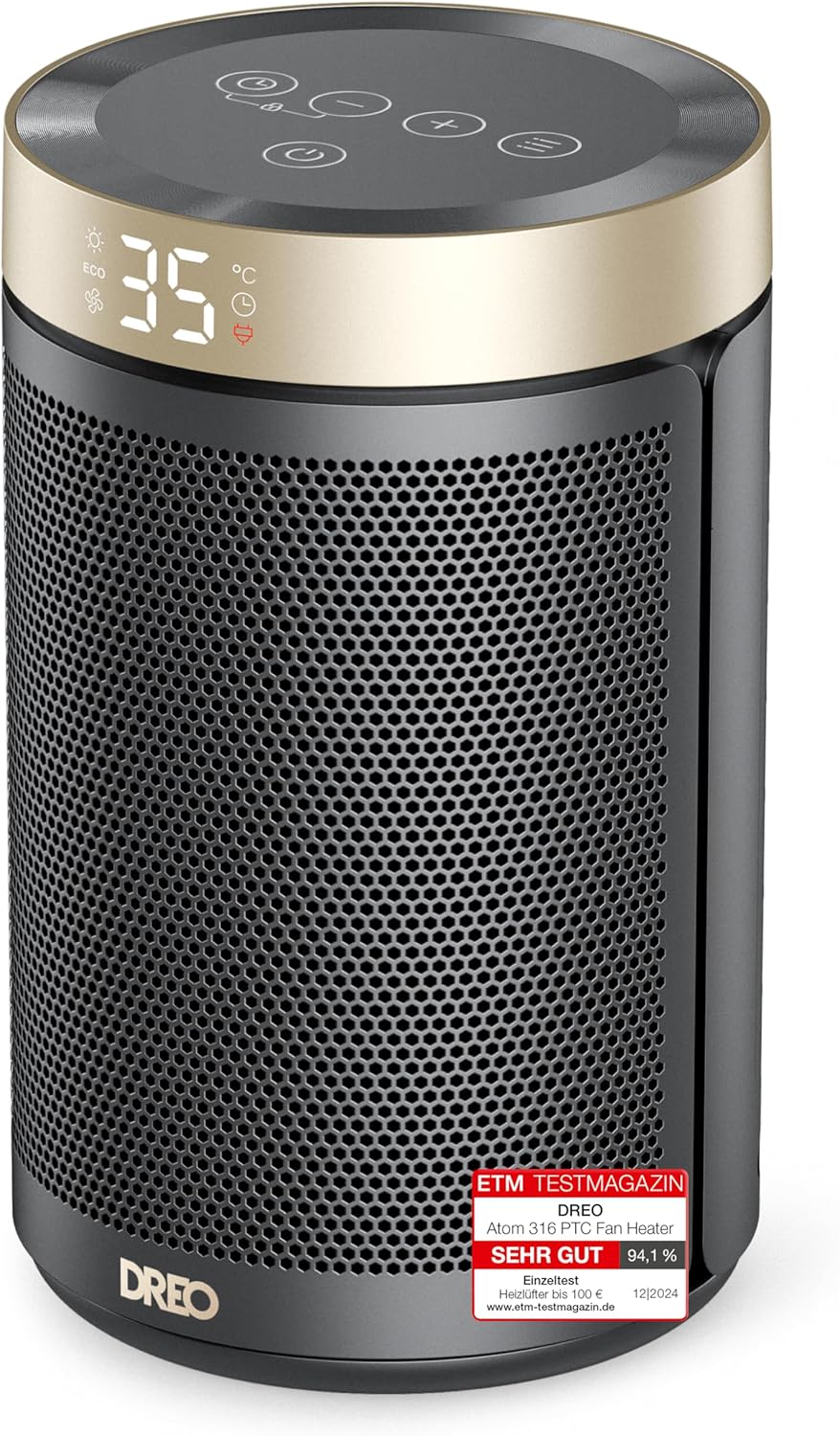 Dreo Energiesparender Heizlüfter, 34 dB Leiser 1500W Elektrischer PTC Keramik, Thermostat, Überhitzungs- & Kippschutz, 12 Std. Timer, Elektroheizung für Räume Schlafzimmer, Atom 316, Gold