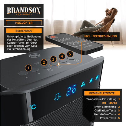 Brandson - Heizlüfter mit Fernbedienung - Preisträger - energiesparend leise Keramik-Heizlüfter Badezimmer - Oszillationsfunktion - Timer - Heizung Heater - GS zertifiziert