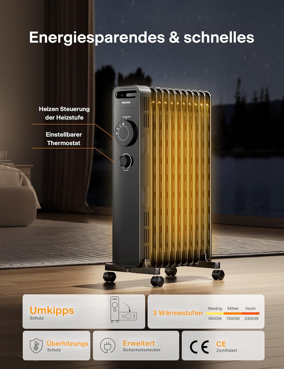 PELONIS Ölradiator 2300W mit J-förmigen Lamellen, Ölgefüllter Heizkörper mit 3 Heizstufen & Thermostat, Leiser Elektroheizer mit Kippschutz, Energieeffizient A für Schlafzimmer, Wohnzimmer, Büro