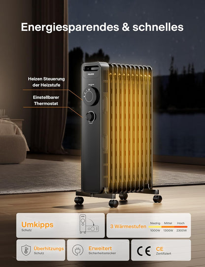 PELONIS Ölradiator 2300W mit J-förmigen Lamellen, Ölgefüllter Heizkörper mit 3 Heizstufen & Thermostat, Leiser Elektroheizer mit Kippschutz, Energieeffizient A für Schlafzimmer, Wohnzimmer, Büro