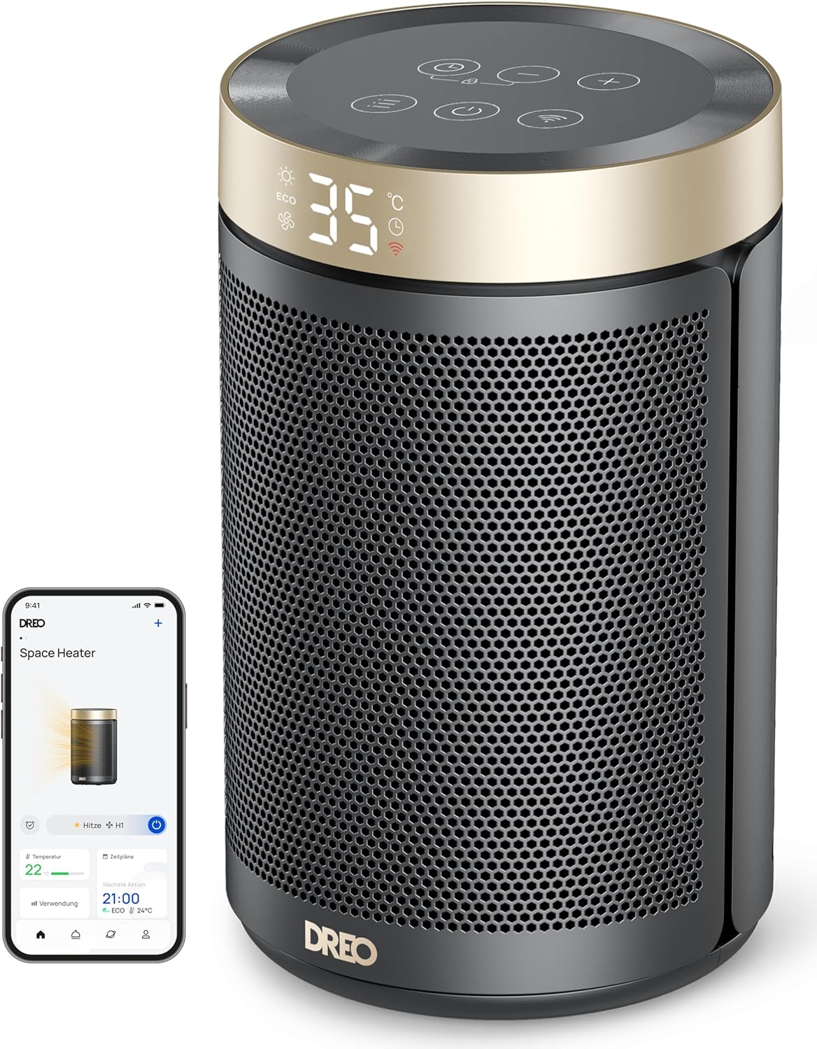 Dreo Energiesparender Heizlüfter, 34 dB Leiser 1500W Elektrischer PTC Keramik, Thermostat, Überhitzungs- & Kippschutz, 12 Std. Timer, Elektroheizung für Räume Schlafzimmer, Atom 316, Gold