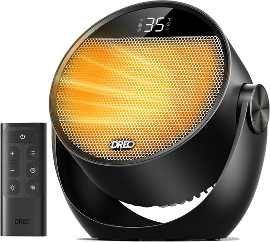 Dreo Heizlüfter Energiesparend Klein, Leiser 1500W Tragbar Heizlüfter mit Fernbedienung, Thermostat, 60° Neigbar, 8 Sicherheitsfunktionen, PTC-Keramik,12-Std-Timer, 3 Modus 3 Geschwindigkeit, Schwarz