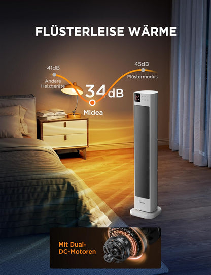 Midea NTH20-22ER(WH) Heizlüfter Energiesparend Leise mit Fernbedienung,PTC 2000 Watt Keramik Heizlüfter mit Thermostat, 2 Heizstufen, 24H Timer, ECO-Modus，für große Räume, 75°-Oszillation, 58CM, Weiß