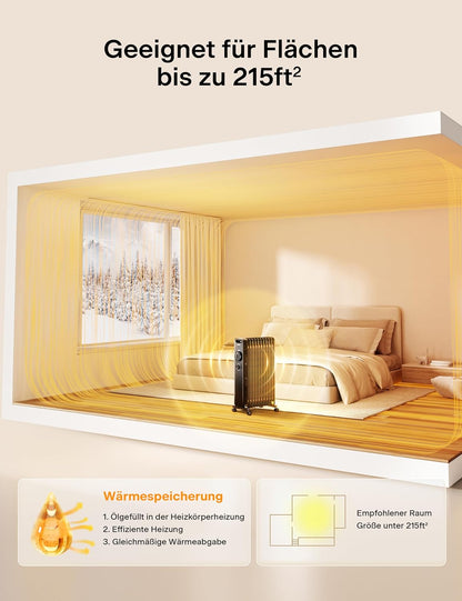 PELONIS Ölradiator 2300W mit J-förmigen Lamellen, Ölgefüllter Heizkörper mit 3 Heizstufen & Thermostat, Leiser Elektroheizer mit Kippschutz, Energieeffizient A für Schlafzimmer, Wohnzimmer, Büro