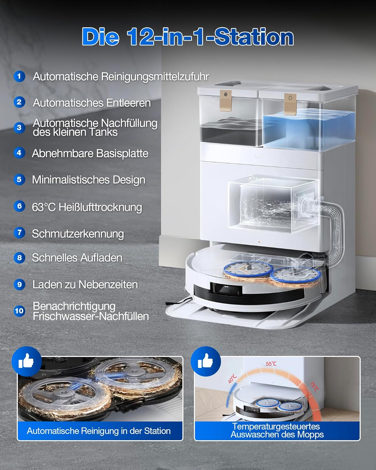 ECOVACS DEEBOT T50 PRO Omni Gen2 Saugroboter mit Wischfunktion, Ausfahrende Seitenbürste und Wischmopp, 21.000 Pa, Auto Zugabe von Reinigungslösung, Moppwäsche mit 75°C heißem Wasser, Ultradünn 81 mm