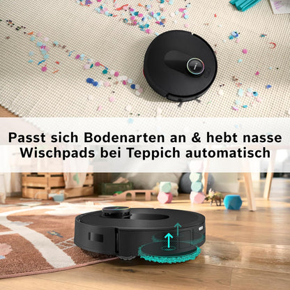 Bosch Spotless Max Cam BCRDW3BX Saugroboter mit Wischfunktion, 11.000 Pa Saugkaft, rotierende Wischpads, Nass-Trocken-Servicestation, Selbstreinigung, Smart Vision Kamera, Steuerung per App, schwarz