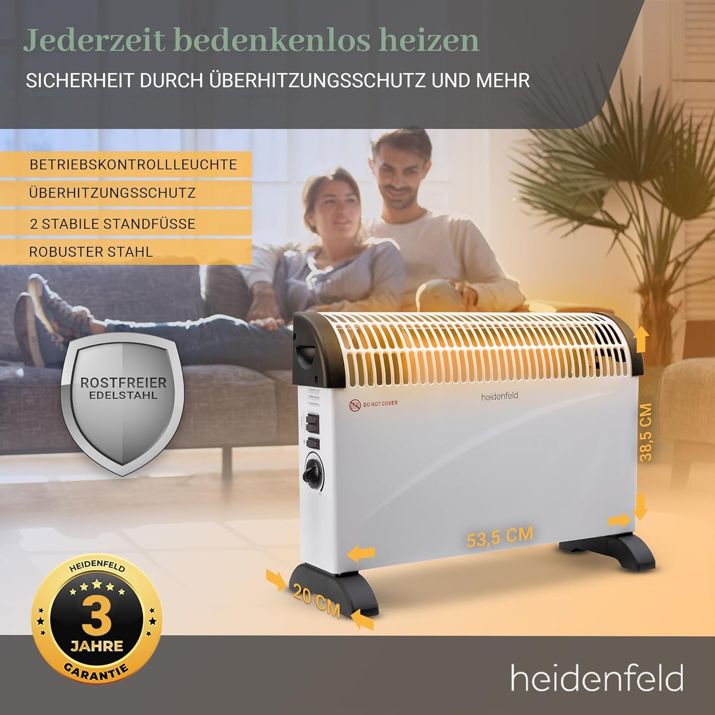 Heidenfeld elektrische Konvektorheizung HL200 | 3 Jahre Garantie - 2000 Watt - Konvektor - Thermostat - Frostwächter - Elektroheizung - Heizung - Heizlüfter - Bis 25 m² (Mit Turbo, ohne Timer)