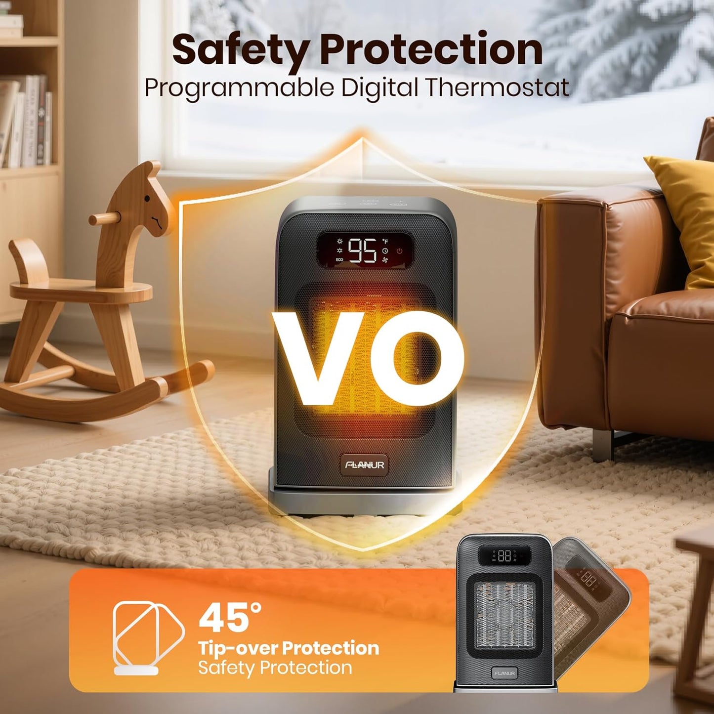 Heizlüfter Energiesparend, 1500W PTC Keramik Heizlüfter, Tragbarer Heizlüfter mit Thermostat & ECO-Modus, 2-in-1-Heizlüfter, Digitalanzeige, 12-Std.-Timer, 35dB leiser Elektroheizung- Schwarz