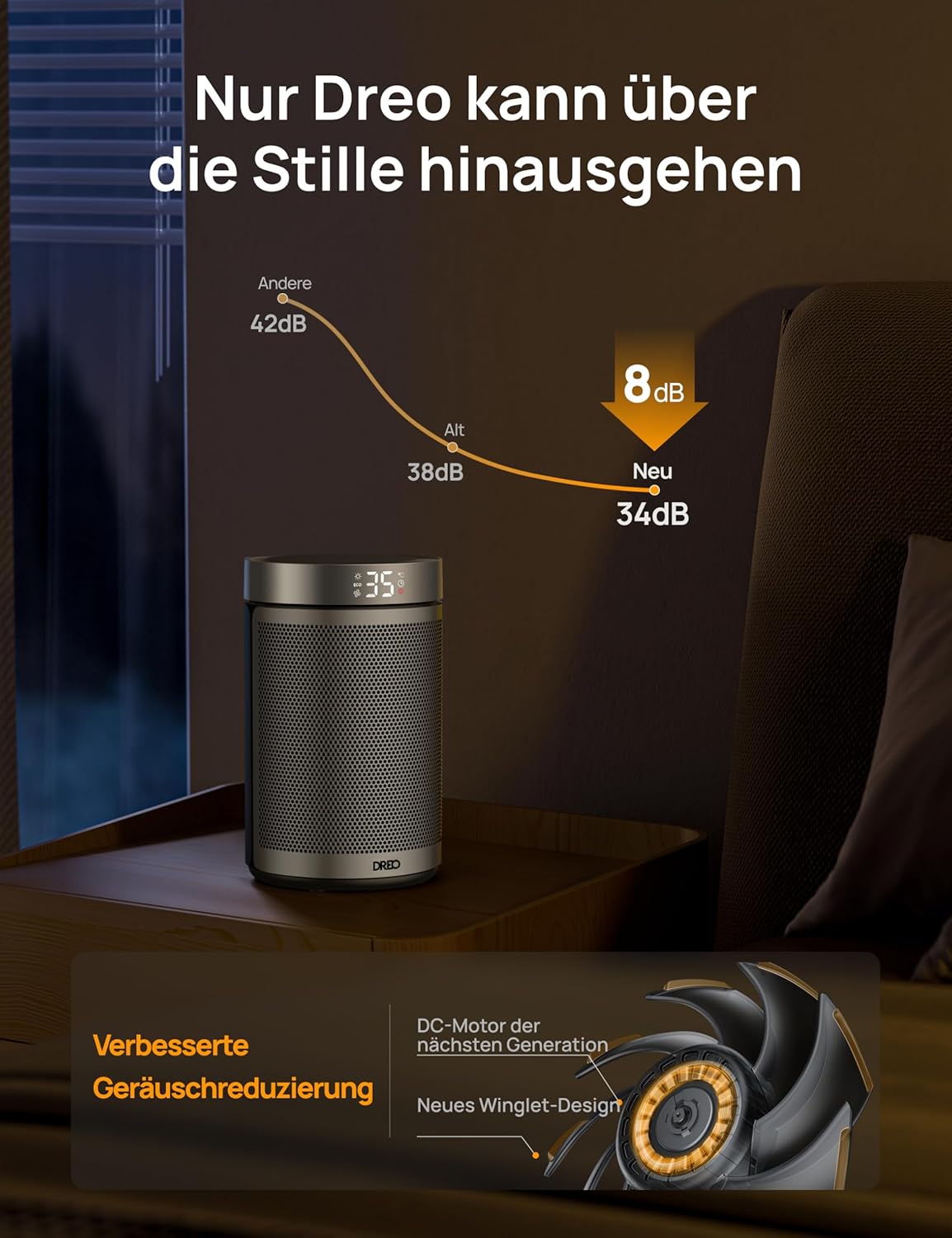 Dreo Energiesparender Heizlüfter, 34 dB Leiser 1500W Elektrischer PTC Keramik, Thermostat, Überhitzungs- & Kippschutz, 12 Std. Timer, Elektroheizung für Räume Schlafzimmer, Atom 316, Gold