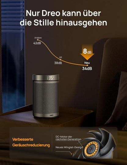 Dreo Energiesparender Heizlüfter, 34 dB Leiser 1500W Elektrischer PTC Keramik, Thermostat, Überhitzungs- & Kippschutz, 12 Std. Timer, Elektroheizung für Räume Schlafzimmer, Atom 316, Gold
