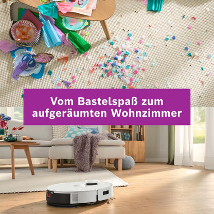 Bosch Spotless + BCRD1W Saugroboter mit Wischfunktion, 11.000 Pa Saugkraft, Wischpad, Trocken-Servicestation, Smart Vision Navigation mit Infrarot-Licht, Steuerung per App, weiß
