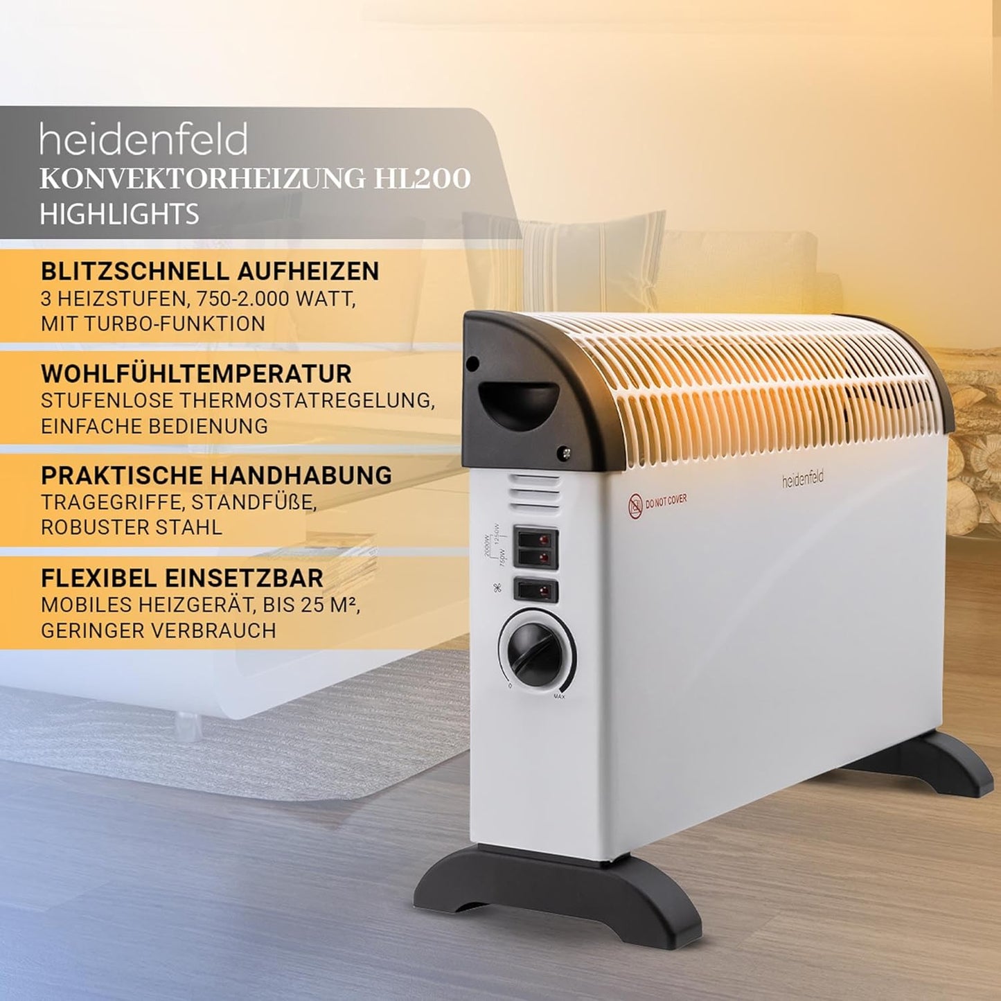 Heidenfeld elektrische Konvektorheizung HL200 | 3 Jahre Garantie - 2000 Watt - Konvektor - Thermostat - Frostwächter - Elektroheizung - Heizung - Heizlüfter - Bis 25 m² (Mit Turbo, ohne Timer)