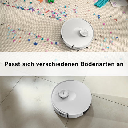 Bosch Spotless + BCRD1W Saugroboter mit Wischfunktion, 11.000 Pa Saugkraft, Wischpad, Trocken-Servicestation, Smart Vision Navigation mit Infrarot-Licht, Steuerung per App, weiß