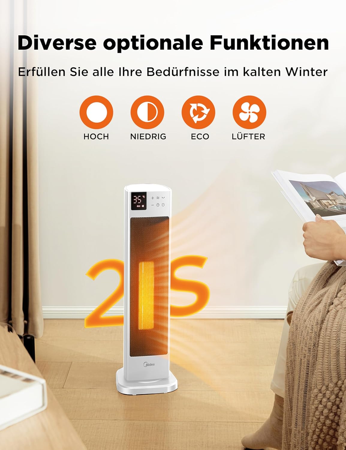 Midea NTH20-22ER(WH) Heizlüfter Energiesparend Leise mit Fernbedienung,PTC 2000 Watt Keramik Heizlüfter mit Thermostat, 2 Heizstufen, 24H Timer, ECO-Modus，für große Räume, 75°-Oszillation, 58CM, Weiß