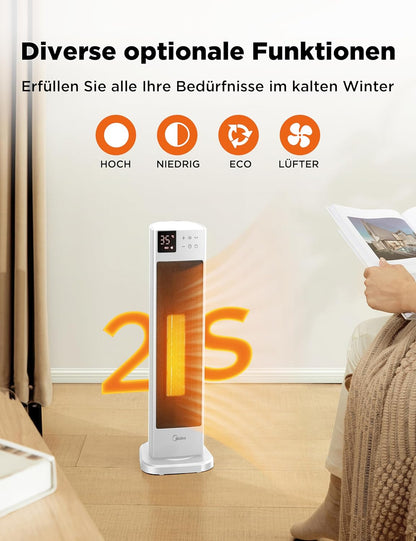 Midea NTH20-22ER(WH) Heizlüfter Energiesparend Leise mit Fernbedienung,PTC 2000 Watt Keramik Heizlüfter mit Thermostat, 2 Heizstufen, 24H Timer, ECO-Modus，für große Räume, 75°-Oszillation, 58CM, Weiß